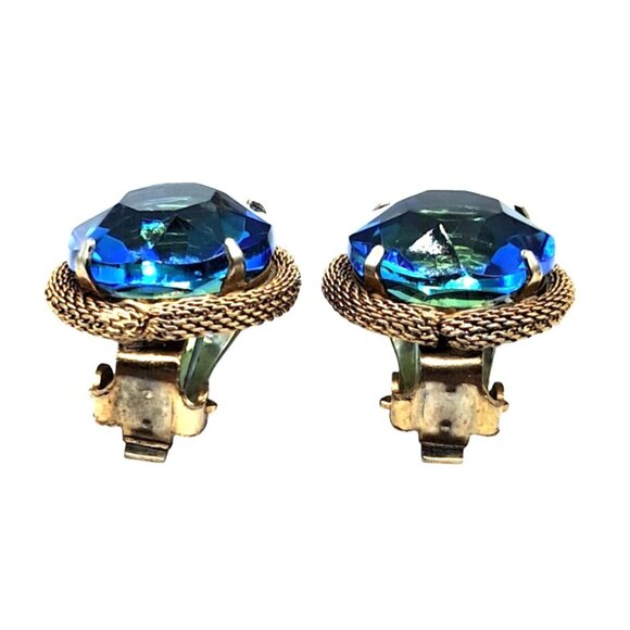 Vintage Rhinestone Jewelry Set Brooch Earrings Givre' or Sabrina Blue Green Glas - Picture 8 of 12